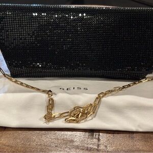 Reiss Black Sequin Clutch with Gold Chain